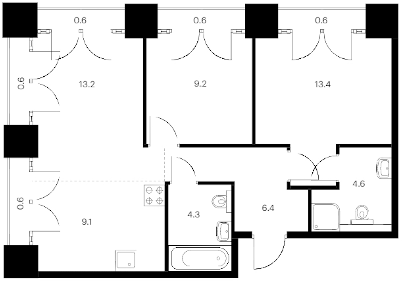 2-комнатная квартира 63.2 м², 8/9 эт., ЖК «Лермонтовский 54»